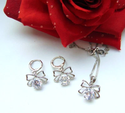 925 Silber Schmuck Set Schleifen  Zirkon Halskette  Anhänger Creolen - Bild 1 von 3