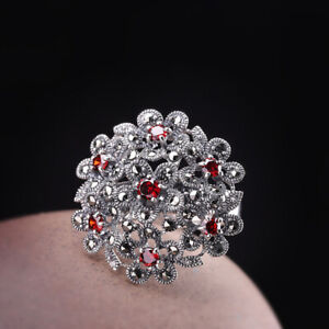 I03 Ring Silber 925 Blumenstrauß aus rotem Kristall Markasit größenverstellbar