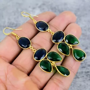 London Blue Topaz Diopside Gemstone Handmade 925 Sterling Silver Jewelry Earring - Picture 1 of 4