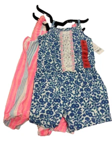 CARTERS GIRL'S 2 PC ROMPER STRIPE/FLORAL SET (BLUE/PINK, 9MONTHS) NWT - Picture 1 of 3