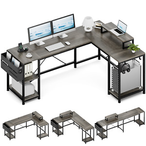 L Shaped Desk 95" Reversible Corner Computer Desk with Shelves Home Office Gray