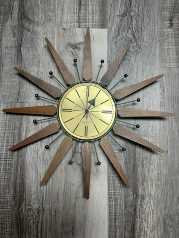 Mid Century Wood & Metal Sunburst/Starburst Battery Operated Wall Clock READ Cover