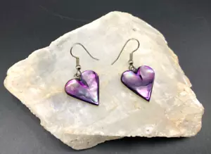 Purple Heart Earrings, Abalone Teardrop Earrings Handcrafted Mexican Silver tone - Picture 1 of 7