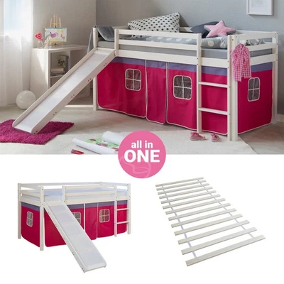 Lit superposé 90x200 Toboggan d'enfant mezzanine Lattes Rideau Rose Homestyle4u - Photo 1/4