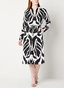 PXXL-Worthington Womens Long Sleeve Geometric Midi Shirt Dress black/white NWT - Picture 1 of 5