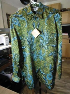 NEW WITH TAGS! STUNNING! BATIK KERIS 100% SILK BLUE GREEN FLORAL SHIRT SIZE 16 - Picture 1 of 6
