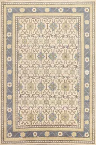 IVORY Geometric Khotan Oriental Area Rug Hand-knotted Vegetable Dye 6'x9' Carpet - Picture 1 of 12
