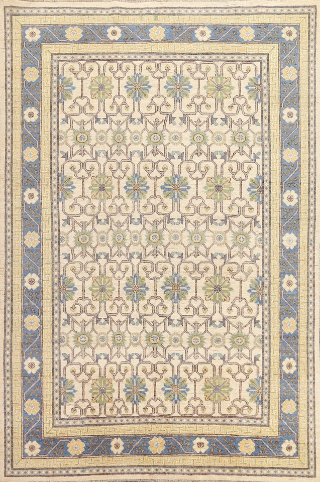 IVORY Geometric Khotan Oriental Area Rug Hand-knotted Vegetable Dye 6'x9' Carpet - Image 1 of 4