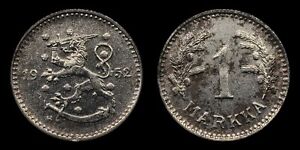 1952 Finland 1 Markka, Lion facing left holding a sword and standing on a sword