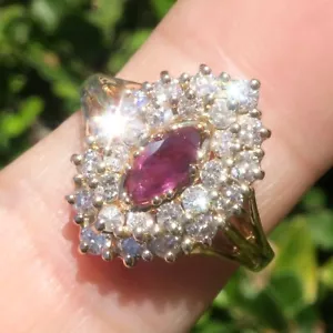 Classic 14k Solid Yellow Gold 3/4ct Natural Marquise Ruby & Diamond Ring Size 7 - Picture 1 of 10