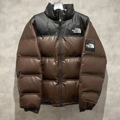 未使用 The North Face 皮革 Nuptse 羽绒服 外层 尺寸 L 棕色 非常罕见 — 第 1/4 张图片