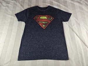 DC Comics Superman Navy Blue Distressed Logo Youth Boys L Linen Blend T-Shirt  - Picture 1 of 9