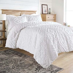 3-Piece White Chenille Duvet Cover Set, Full/Queen - Picture 1 of 7