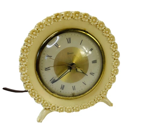 VTG 70s MCM Regency Floral Brass Plug in Alarm Table Clock USA Cover