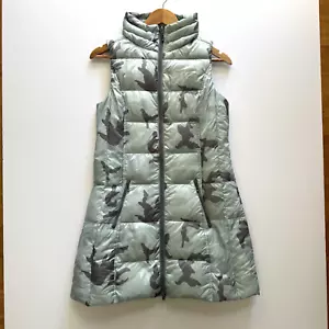 My Anorak Women's Long Nylon White Duck Down Vest Size XS Blue Camo Puffer - Picture 1 of 12