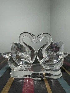 Pair Crystal Swan Figurines Clear Glass  7.5"W x 4.5"H inches - Picture 1 of 24