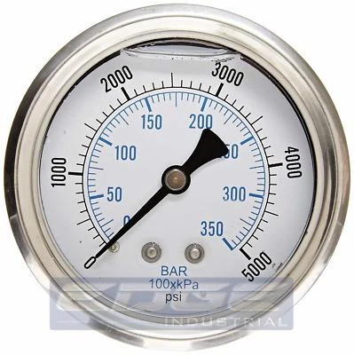 MEDIDOR DE PRESIÓN LLENO DE LÍQUIDO 0-5000 PSI, CARA DE 2,5", MONTAJE TRASERO DE 1/4" WOG Foto 1 de 3