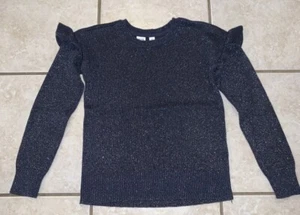 GAP Kids Girl Sweater Navy Blue Silver Metallic Ruffle Sleeves Size M 8-9 EUC - Picture 1 of 7