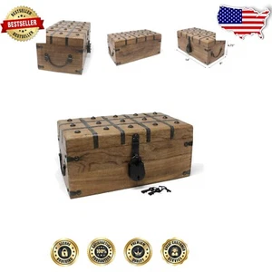 Handcrafted Wooden Treasure Chest with Antique Iron Lock - Large 14.5x8x6.75 - Picture 1 of 11