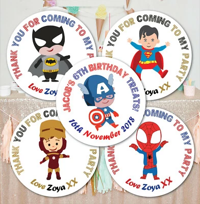 GOLDSTAR PARTY Personalised Birthday Super Heroes Stickers Labels Thanks Bag Seals 24 & 35
