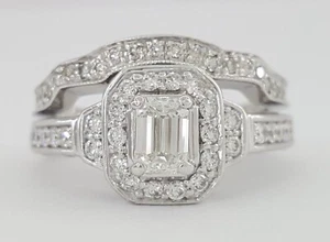 Emerald & Round Diamond Halo Engagement Ring & Band 14K White Gold 1.27 ct - Picture 1 of 7