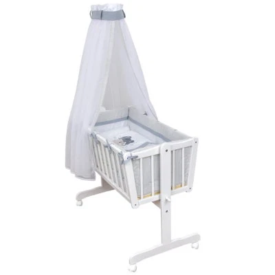 BABY-DELUX Wiege Schaukelwiege Babywiege Holz Weiß Bettset Applikation Teddy komplett