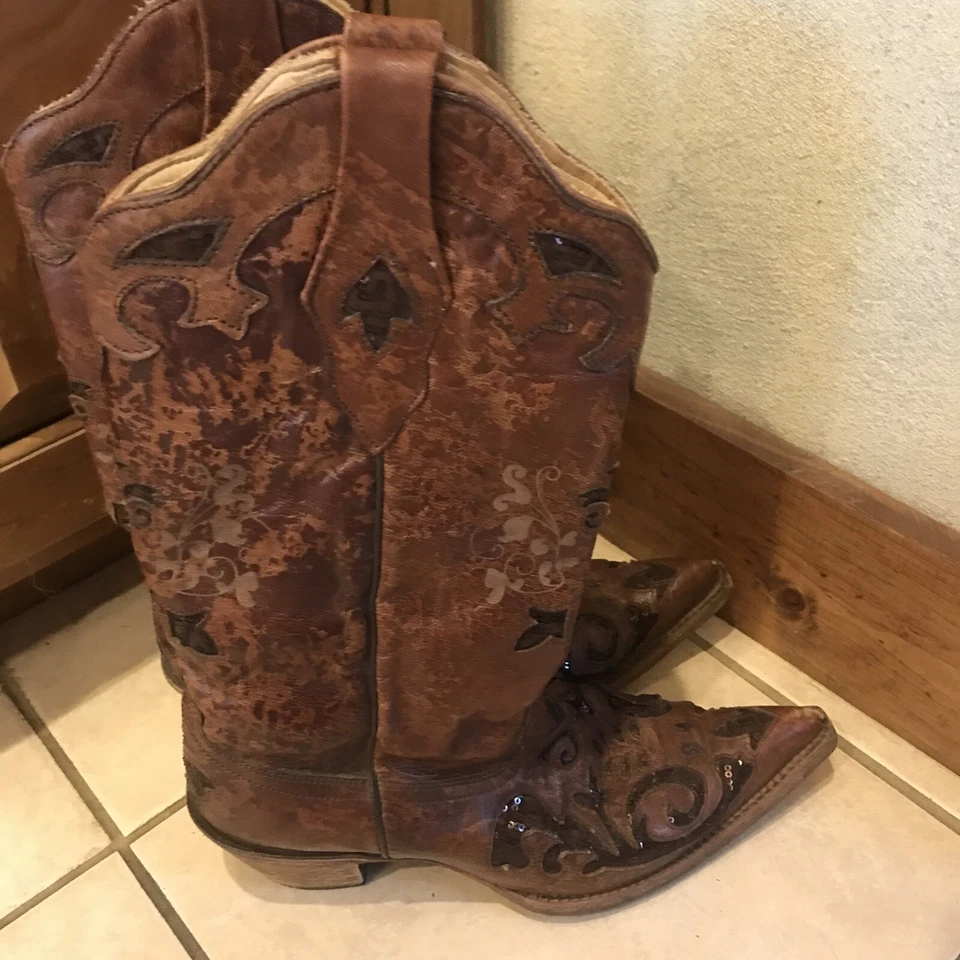 Botas Vaqueras Corral Envejecidas C2668 Cuero Marrón Incrustación Lentejuelas Mujer 9.5 M Foto 1 de 4