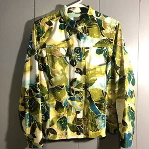 Additions By Chicos Woman’s Size 1 Green White Floral Button Jacket - Picture 1 of 6