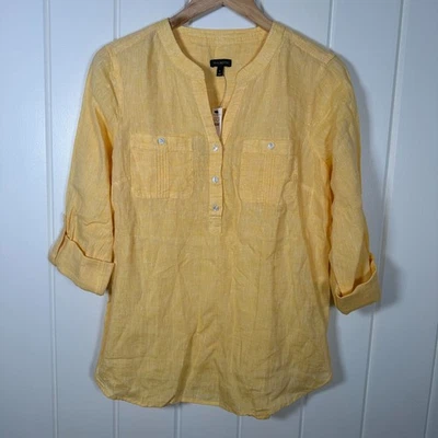 Talbots Popover Top Womens Sz S Yellow Roll Tab Sleeve Linen Beach Nautical NWT! - Image 1 of 4