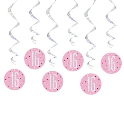 UNIQUE PARTY Pink Glitz Age 16 Holographic Hanging Swirl Decorations - Pack of 6