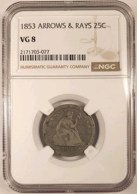 1 Of 20 NGC Graded VG 8, 1853 25c Seated Liberty Quarter Arrows & Rays  - Image 1 of 4