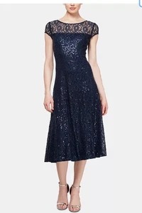 SL Fashions Macy’s Midikleid mit Pailletten und Spitze – marineblau – Größe 16 - Bild 1 von 12