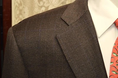 Samuelsohn 42 R Super 110s brown w/ subtle blue windowpane check sport coat g4j7 - Image 1 of 4