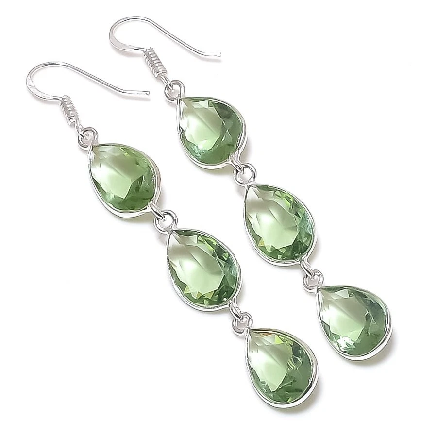 Brinco de prata esterlina 925 feito à mão com pedra preciosa de ametista verde tamanho 3" - Imagem 1 de 1