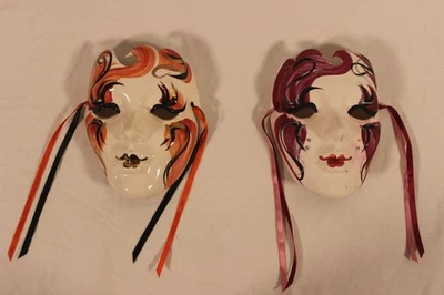 Set Of 2 Ceramic Decorative Masks With Ribbons - Large Handpainted Masquerade Wa - Image 1 of 4