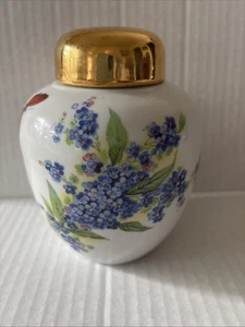 Portavaso floreale vintage in ceramica dipinto a mano con coperchio oro - Foto 1 di 9