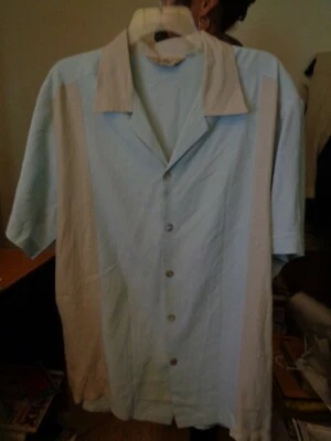 DaVINCI Two Tone Retro! Light Blue & Khaki! Charlie Sheen TV Style Camp Collar L - Image 1 of 3