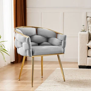 Modern Velvet Dining Chair Hand Weaving Accent Chair with Metal legs Upholstered - Picture 1 of 7