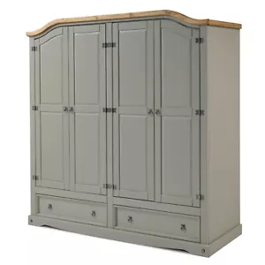 Corona Wardrobe 4 Door 2 Drawer Grey Wax Mexican Solid Pine by Mercers Furniture - Picture 1 of 3