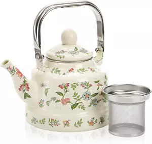 Jucoan 1.8 Quart Vintage Enamel Stovetop Tea Kettle, Retro Green Floral Enamel o - Picture 1 of 12