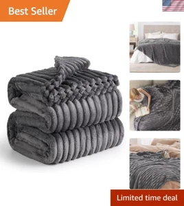 Cozy Grey Fleece Queen Blanket with Classic Stripes - Versatile and Lightweight - Picture 1 of 9