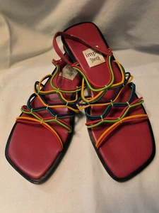 Impo Sandals 8 Colorful / Strappy Elastic Low Wedge Funky Red Green Sz. 40 - Picture 1 of 4