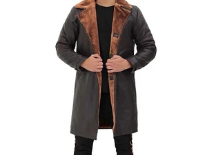Men's Brown Sheepskin Faux Fur Lined Long Coat Real Sheep Leather Winter Trench - Picture 1 of 10