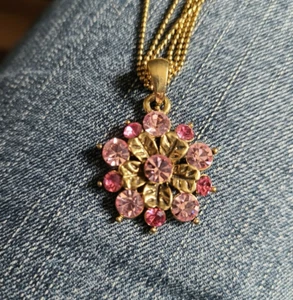 COOKIE LEE Necklace Costume Jewelry UNIQUE Pink Rhinestone Goldtone Flower 16" - Picture 1 of 7
