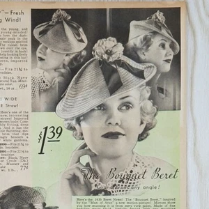 VTG 1935 Sears WOMENS 30s Fashion Floral BANDEAU HATS 2pg Print Ad CATALOG - Bild 1 von 9