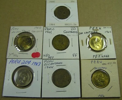 Perú Lote de 7 Monedas 20 Centavos 1943 a 1964, BU, UNC y Bonito Circo, Combinado S/H Foto 1 de 4