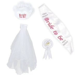 Braut Zukünftige 4PC Set Schleier Schärpe Rosette Abzeichen & Strumpfband Hen - Bild 1 von 1