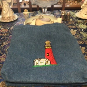 Embroidered Lighthouse Denim  tote bag - Picture 1 of 6