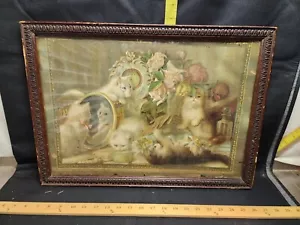 Vintage Chromolithograph Victorian Print "5 Senses" Kittens Wood Framed - Picture 1 of 6