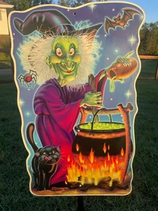 Vintage JMC IMPACT Halloween Schild 2001 Yard Art 28" Hexe/Kessel & Katze🐈‍⬛ - Bild 1 von 5